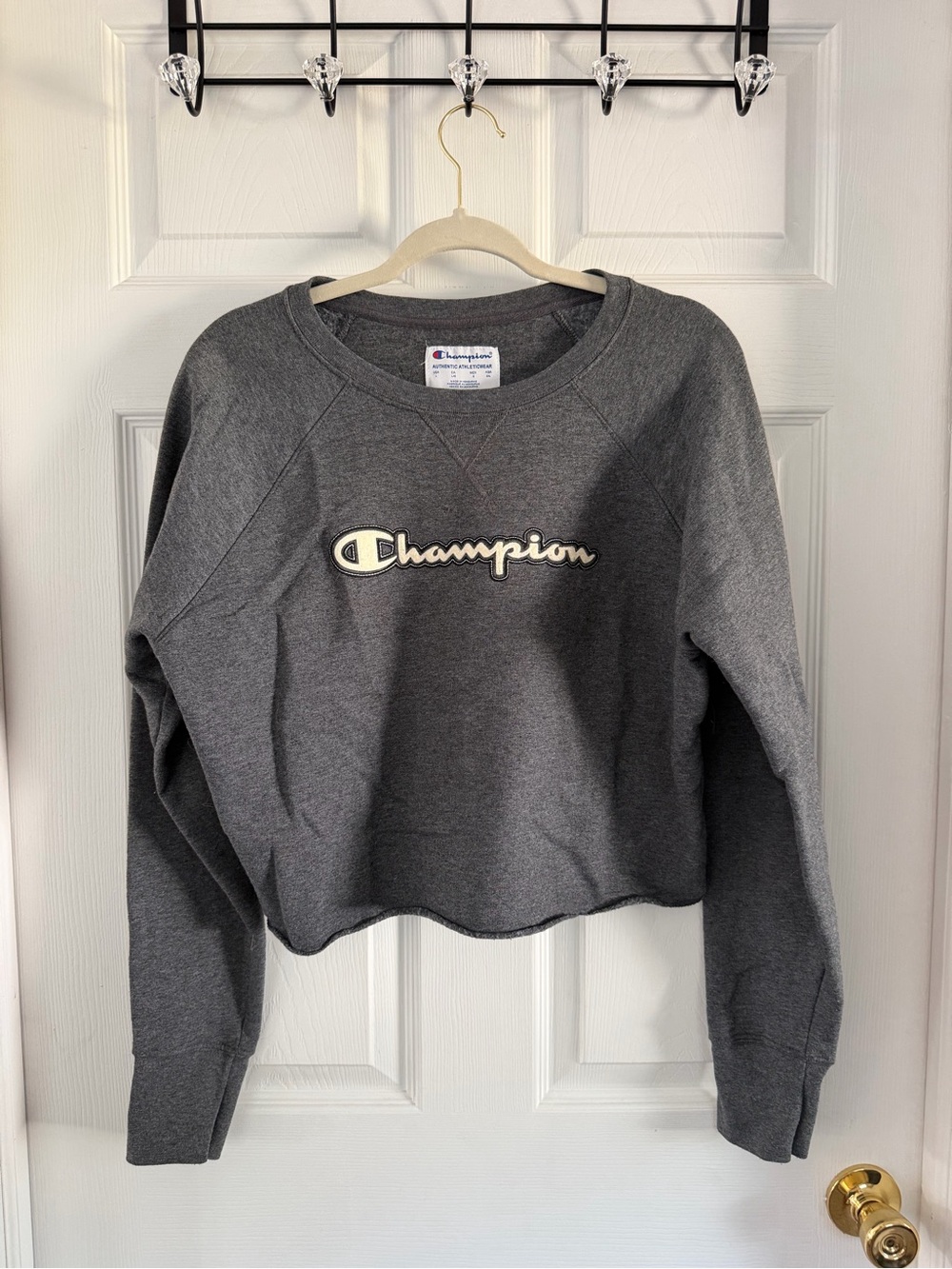 Champion Dark Gray Cropped Crewneck Sweatshirt with Cream Logo
